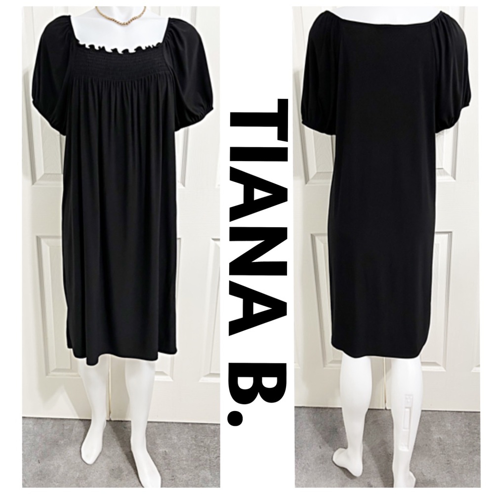TIANA B. Square Neckline, Maxi Style Fit, Midi Length, Short Sleeve Black Dress